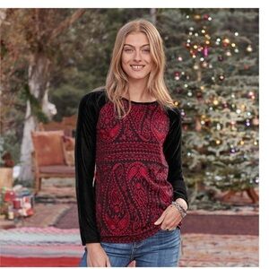 SUNDANCE Velvet Lace Enchantress Top Paisley Long Sleeve Folk Cottage Core Scoop